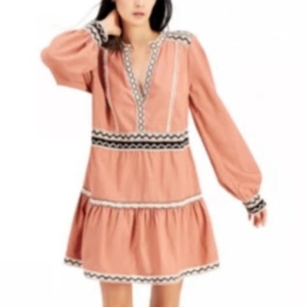 🇪🇸🐠INC petite dress deep v neck crochet pompom babydoll long sleeve